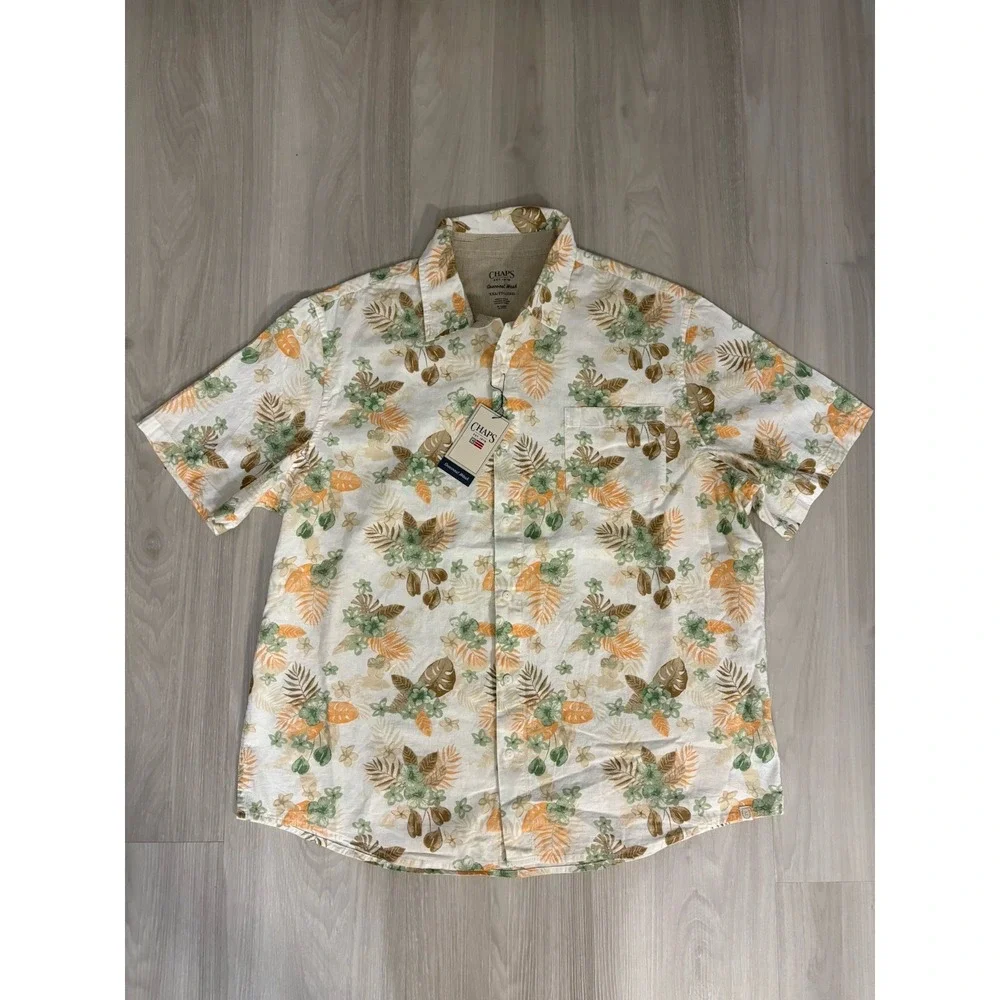 Chaps Mens Shirt Seacoast Wash Floral Palm Button Down Green Orange XXL NWT
